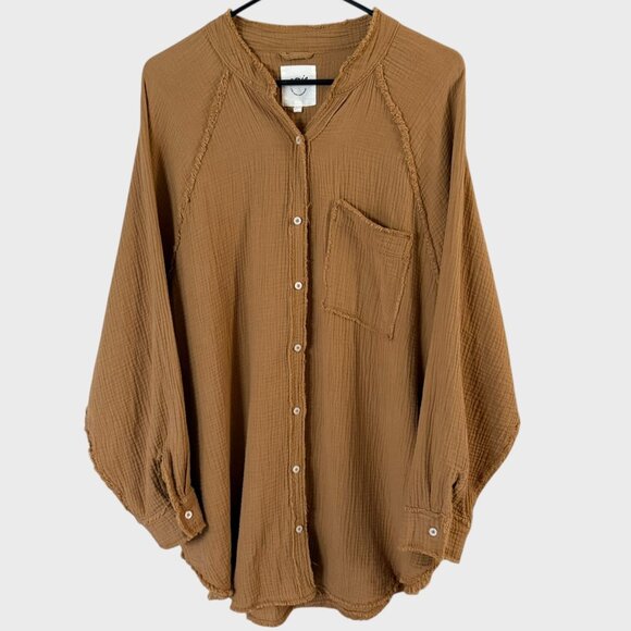 aerie Tops - Aerie American Eagle Shirt Tan Women's Medium Crinkle Gauze Button-Up Cotton Top